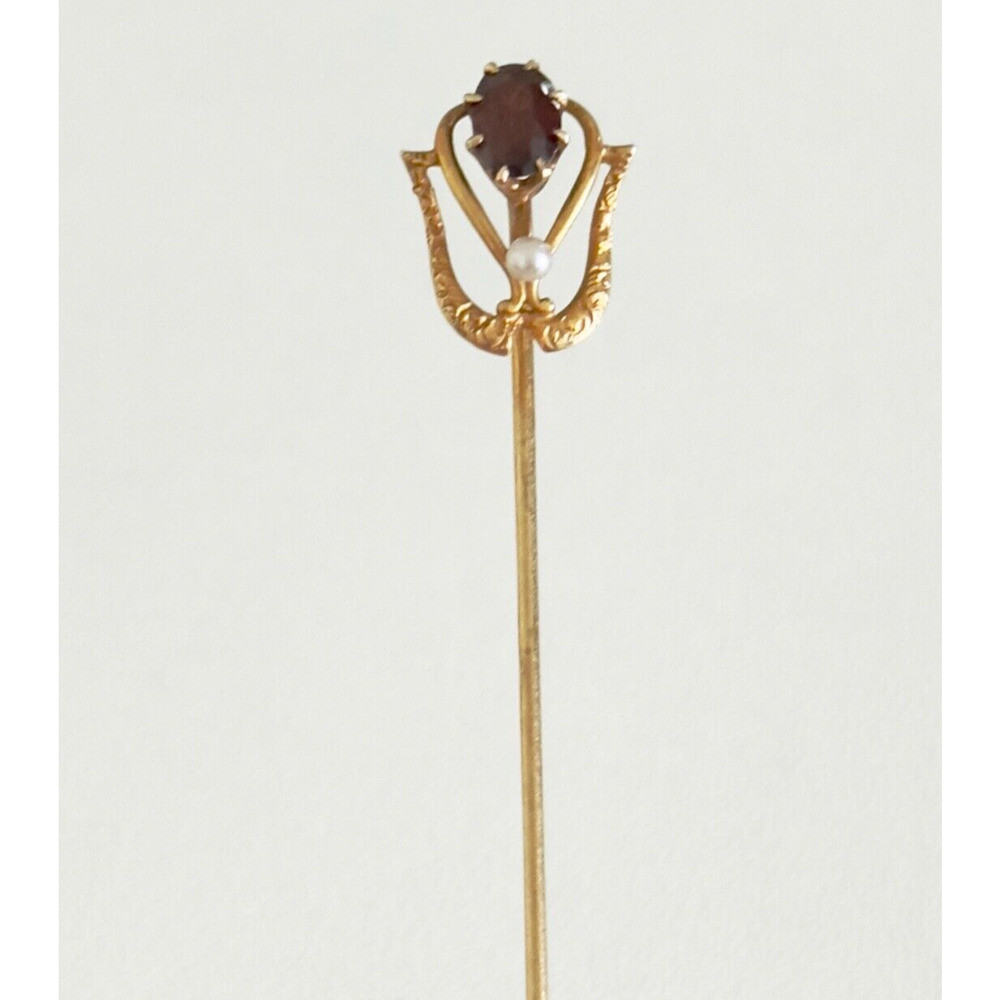 Antique 14k Yellow Gold Garnet Seed Pearl Stick Pin
